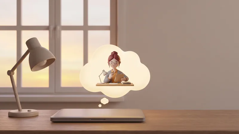 Un ordinateur portable fermé sur un bureau ; dans une bulle, l’employée continue de travailler.