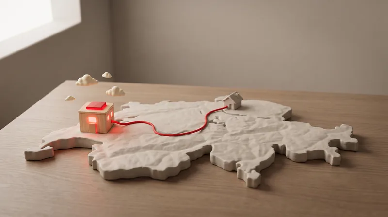 Une carte de la Suisse en relief avec un petit serveur relié en rouge.