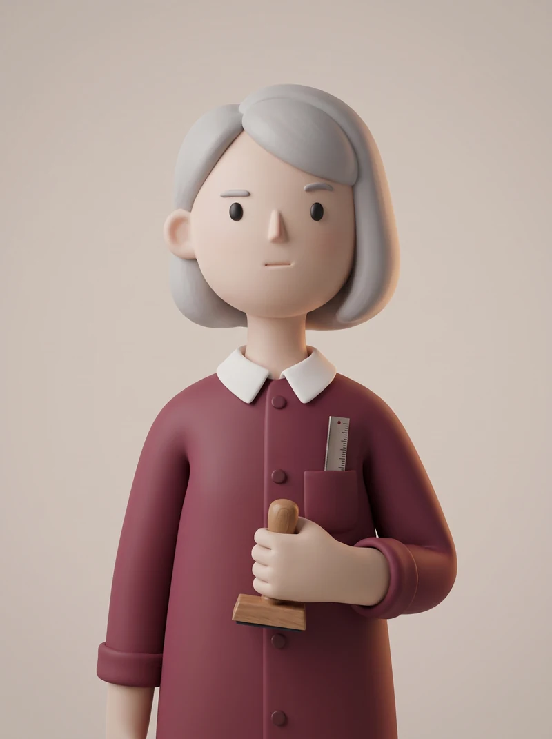 Portrait de Rose, comptable virtuelle troopio, tampon encreur en bois à la main