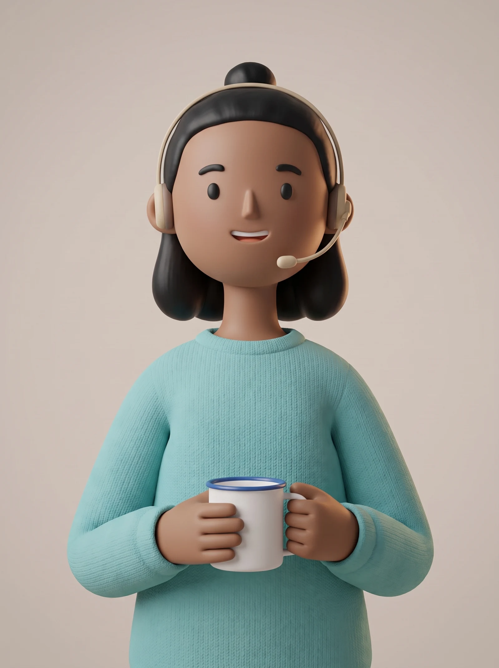 Portrait de Sacha, service client virtuel troopio, tasse émaillée tenue à deux mains