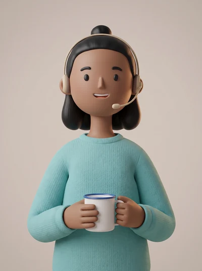 Portrait de Sacha, service client virtuel troopio, tasse émaillée tenue à deux mains